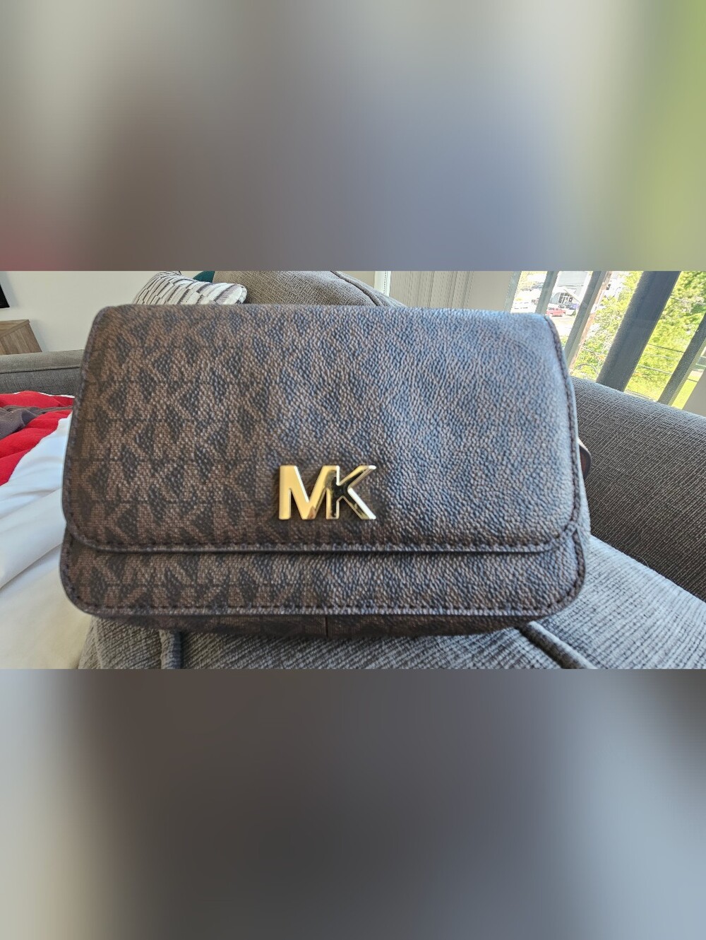 Michael Kors Dark Brown Monogram Crossbody with Gold MK Logo
